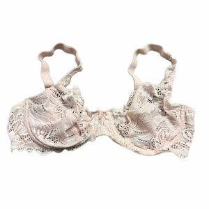 90s European Vintage Floral Embroidery Lace Unlined Bra (Baby Pink) Size 36C/34D